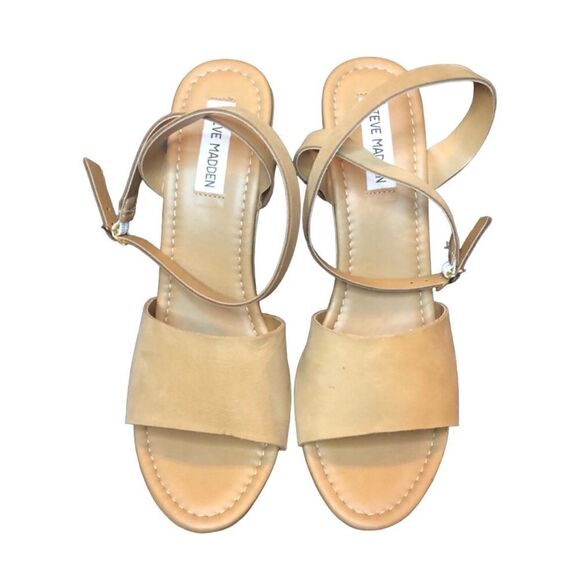 NWT Steven Madden Tan Khaki Sandals Open Toe Back Cross Straps Wide Wedge Sz: 10 - Picture 1 of 5